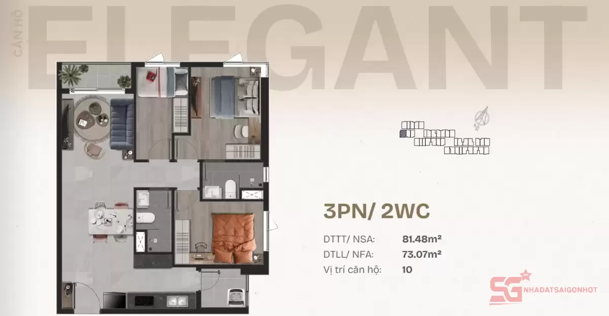 Layout căn hộ 3 phòng ngủ chung cư Dĩ An Bình Dương TT Avio