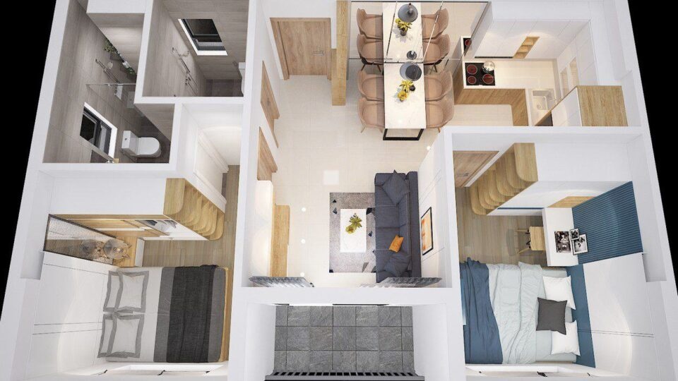 Thiết kế căn hộ góc 51.03 m2 – mã căn A1 dự án Bcons Plaza