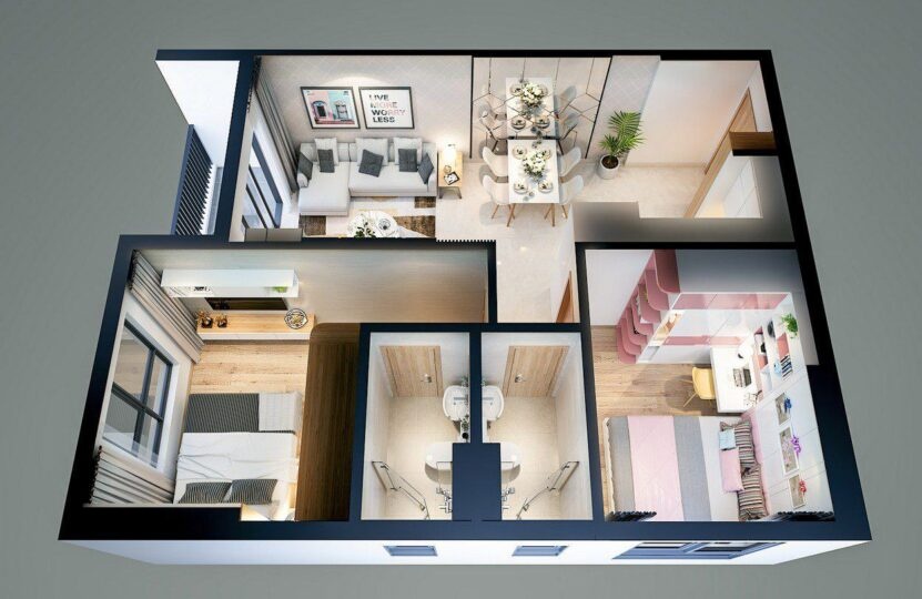 Thiết kế căn hộ góc 53,36 m2 – mã căn D2 dự án Bcons Plaza