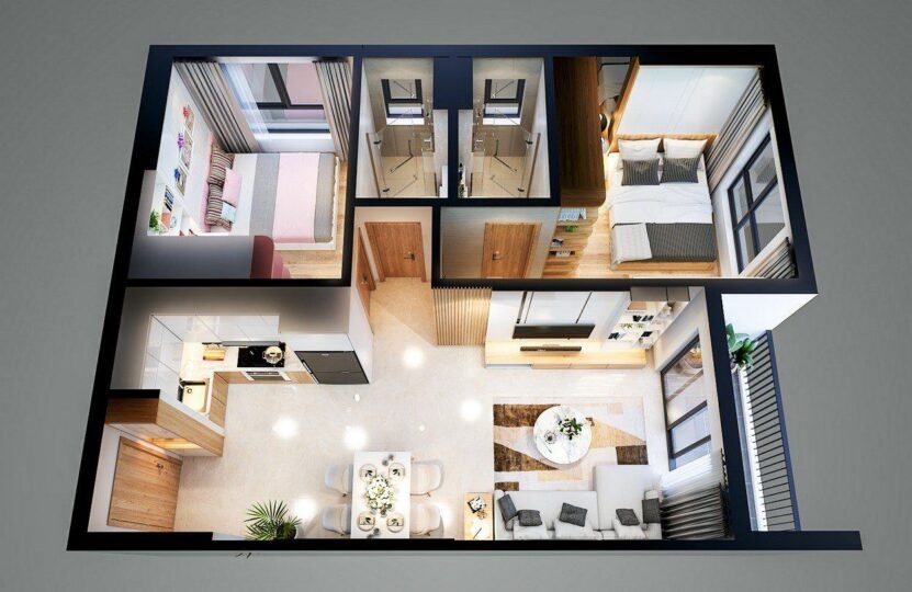 Thiết kế căn hộ góc 55,97 m2 – mã căn E căn hộ Bcons Plaza