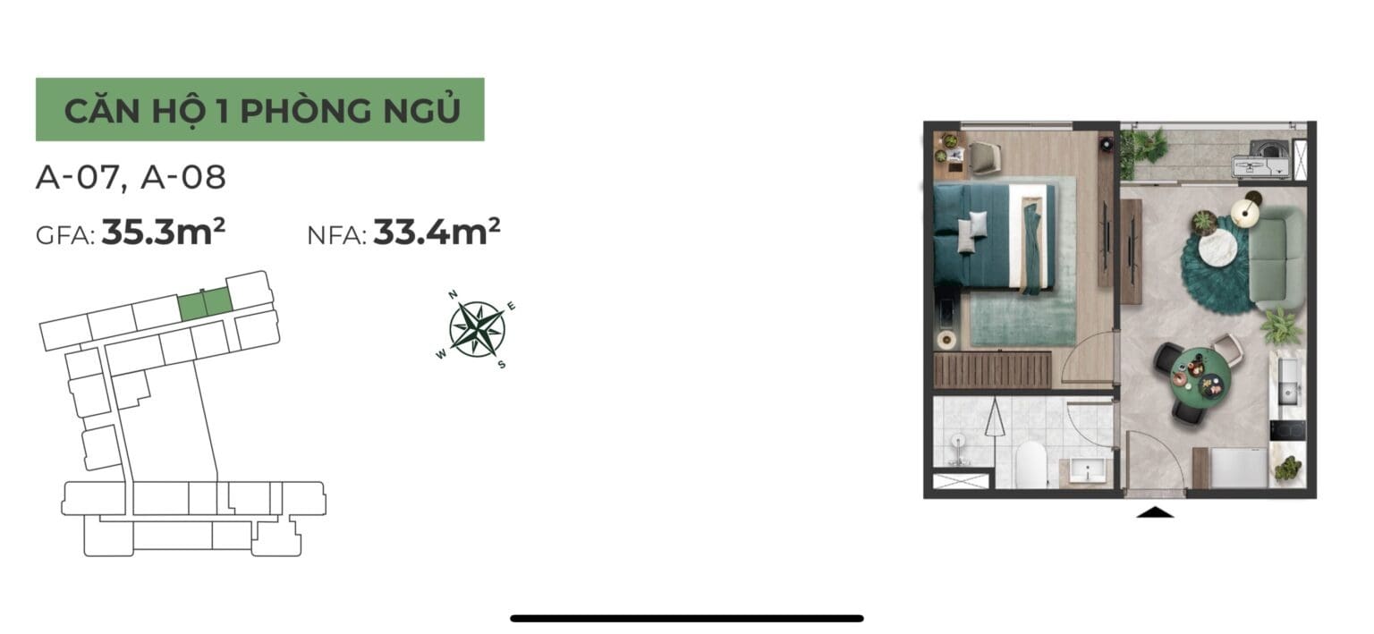 Căn 1PN The Emerald Graden View